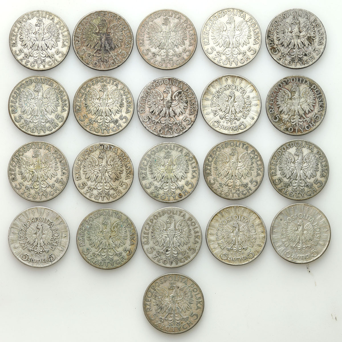 II RP. 5 złotych 1932- 1936 głowa kobiety, Piłsudski zestaw 21 monet